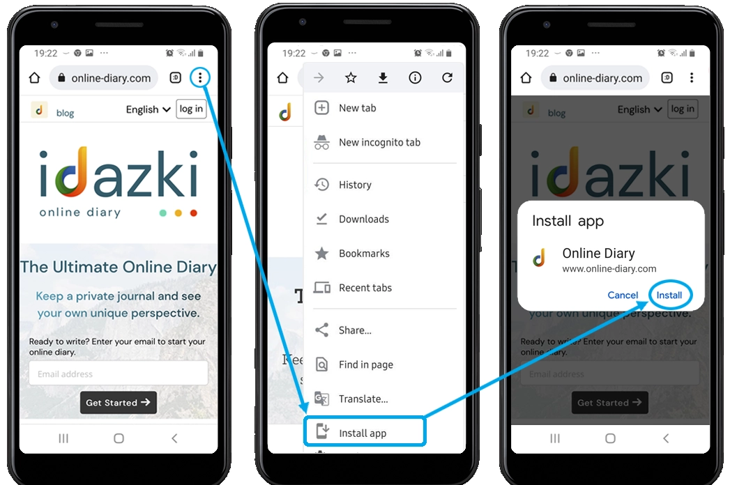 idazery online journal & personal planner Android app detailed configuration