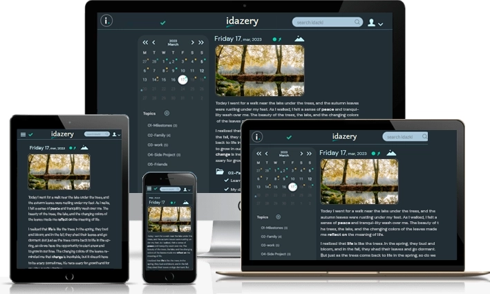 Screenshot in dark mode of the idazery Online Journal and Personal Planner displaying the same content adapted for optimal viewing on various devices, including desktops, laptops, tablets, and smartphones.