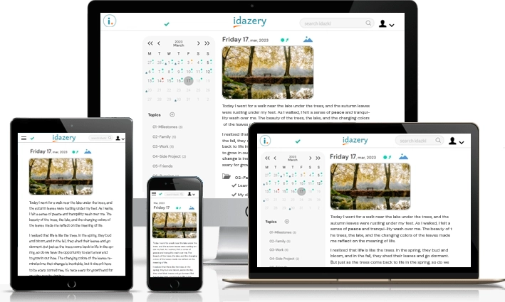 Screenshot in light mode of the idazery Online Journal and Personal Planner displaying the same content adapted for optimal viewing on various devices, including desktops, laptops, tablets, and smartphones.