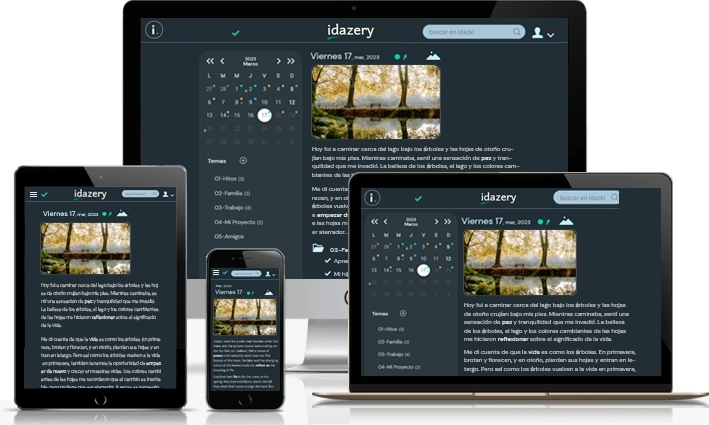 Captura de pantalla en modo oscuro del diario online y planificador personal de idazery, mostrando el mismo contenido adaptado para una visualización óptima en diferentes dispositivos, tales como un ordenador de escritorio, un portátil, una tablet digital y un teléfono móvil inteligente.