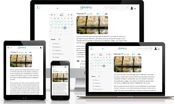 Captura de pantalla en modo claro del diario online y planificador personal de idazery, mostrando el mismo contenido adaptado para una visualización óptima en diferentes dispositivos, tales como un ordenador de escritorio, un portátil, una tablet digital y un móvil inteligente.
