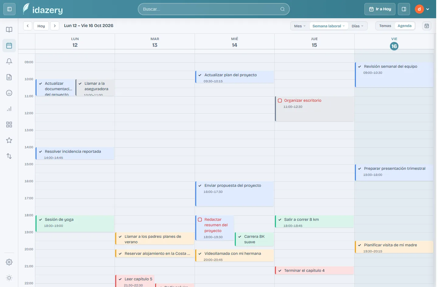 Agenda de idazery: tu semana por horas, con la duración de cada tarea