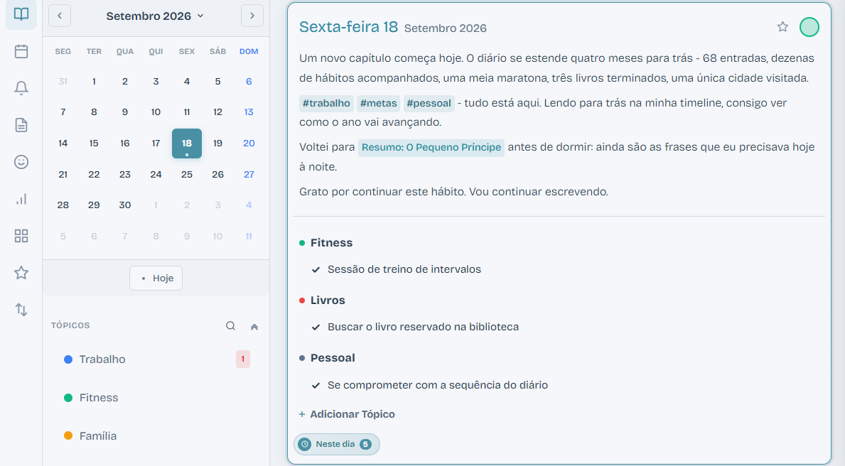 A interface de diário e planejador do idazery.