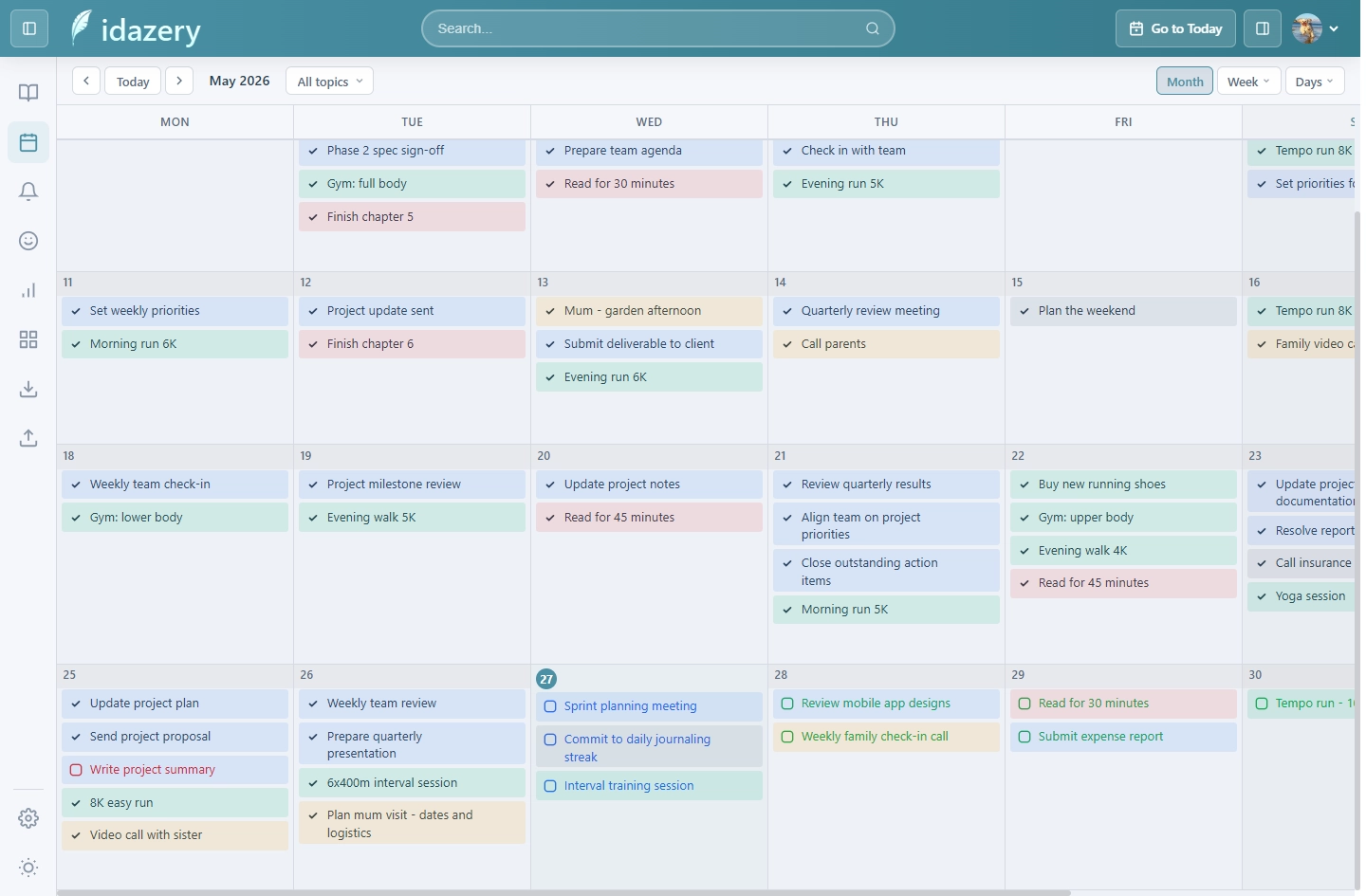 idazery monthly planner view showing tasks and events organised by topic across the full month.