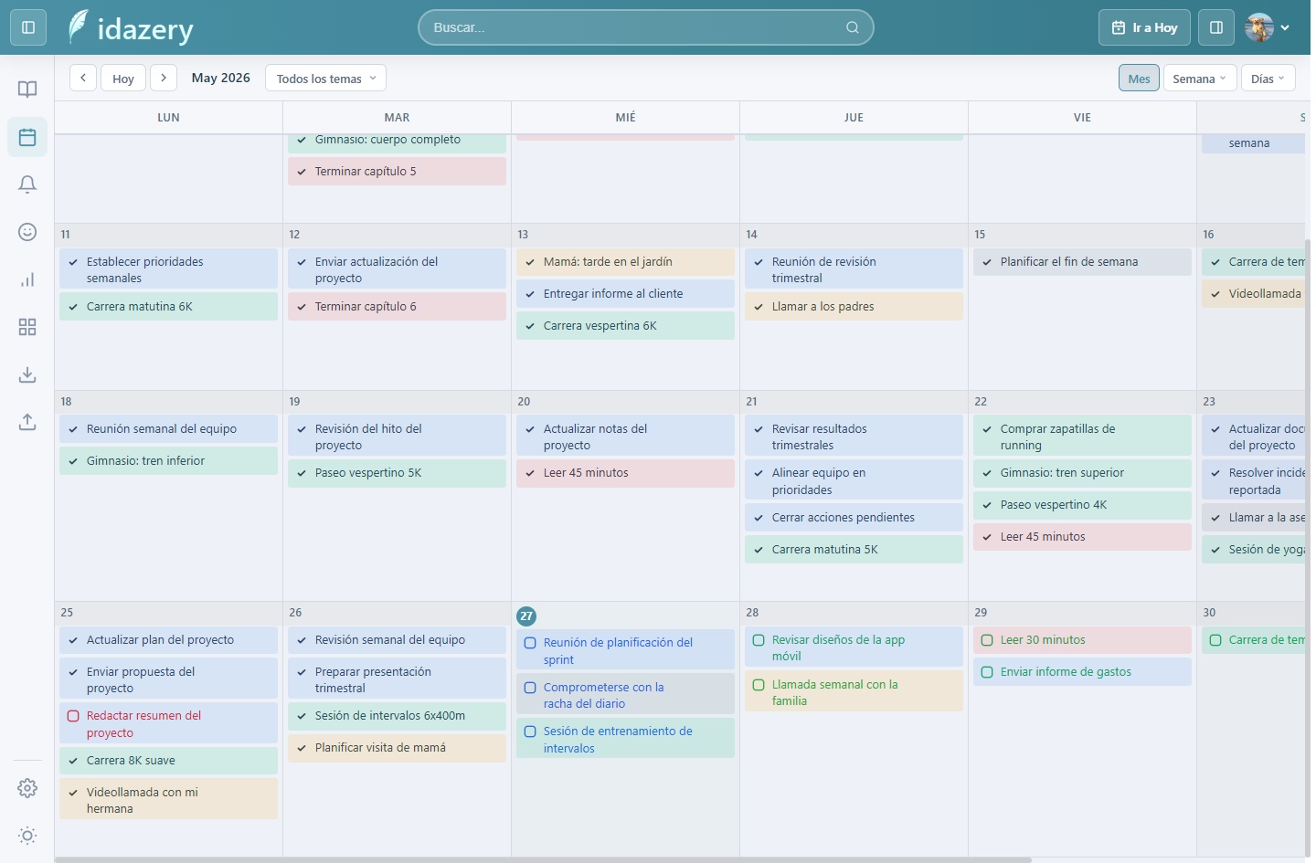 Planificador mensual de idazery que muestra las tareas y eventos de todo el mes junto a tus entradas de diario.