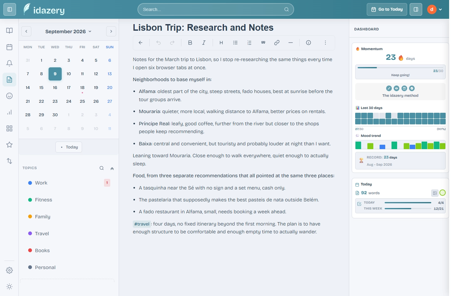 idazery Notes interface showing a private note with hashtags and a [[ ]] mention back to a diary entry.