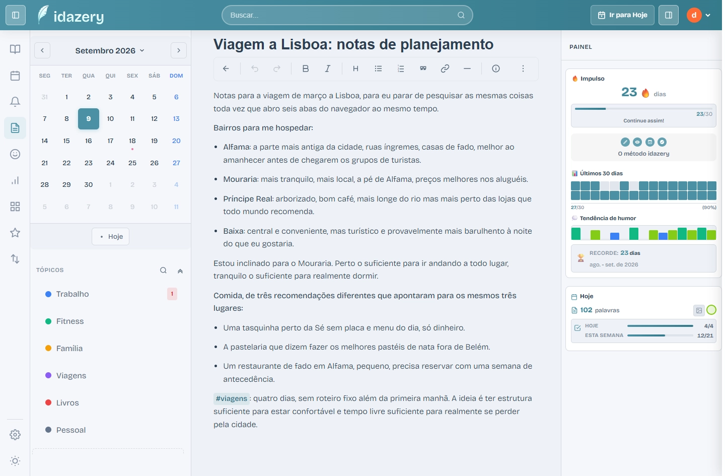 Interface do Notes no idazery mostrando uma nota privada com hashtags e uma menção [[ ]] a uma entrada do diário.