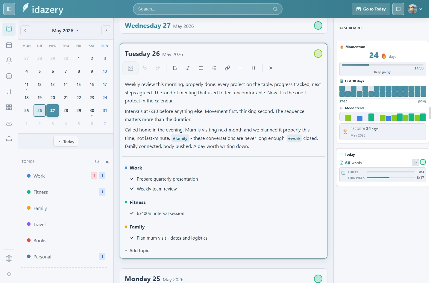 idazery journal timeline showing diary entries organised by topic with integrated task management in a clean, distraction-free interface.