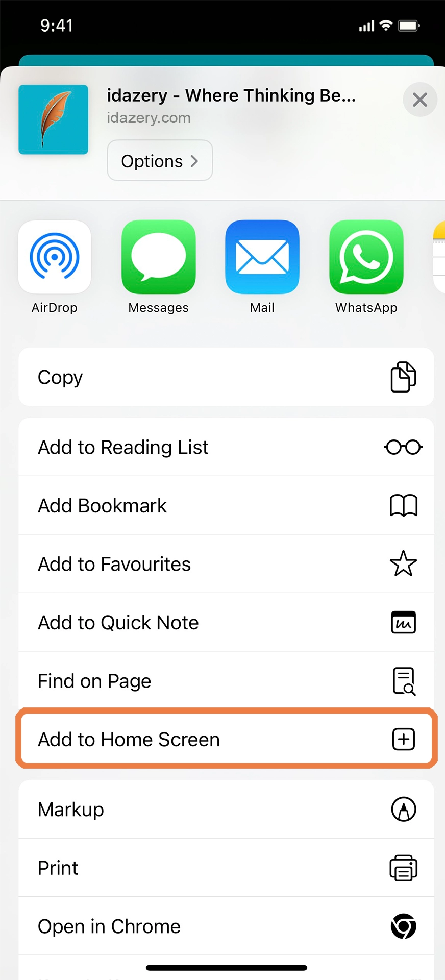 Tap the Share button and select Add to Home Screen