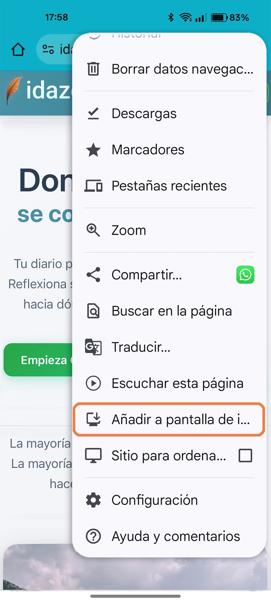 Pulsa el botón de Compartir y selecciona Añadir a la pantalla de inicio