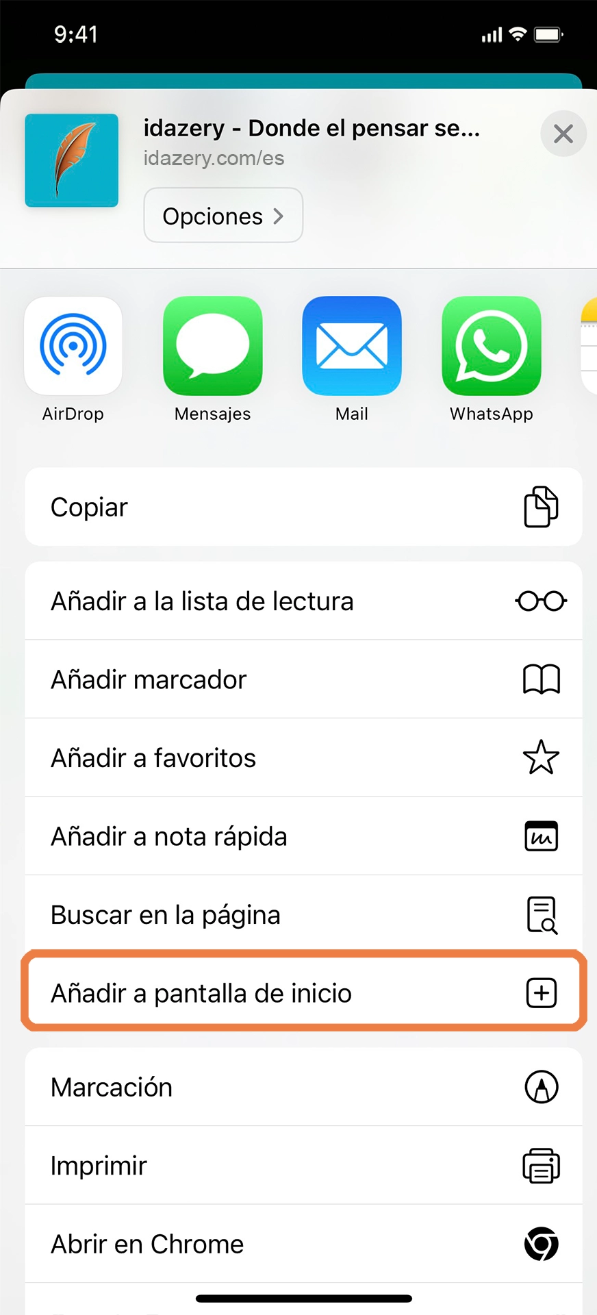 Pulsa el botón de Compartir y selecciona Añadir a la pantalla de inicio