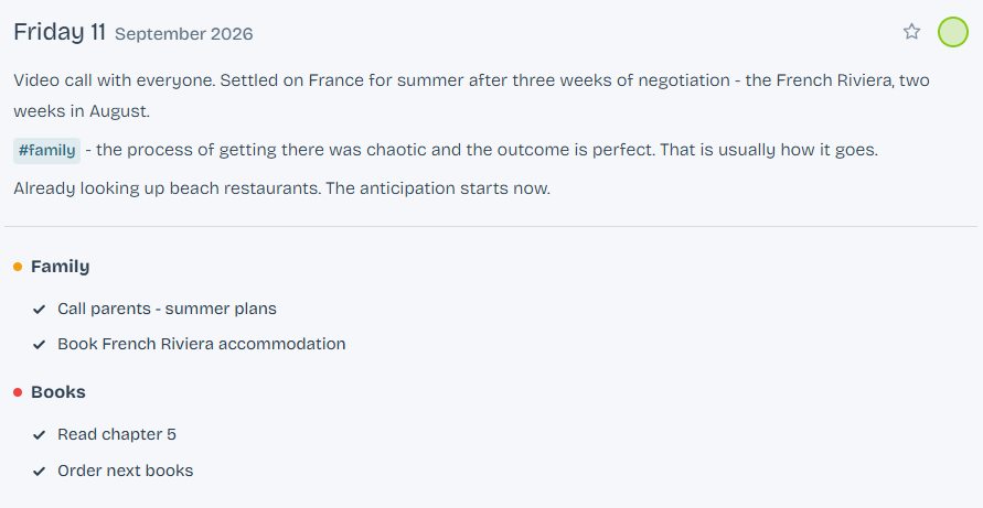 A real day's entry, with today's tasks visible