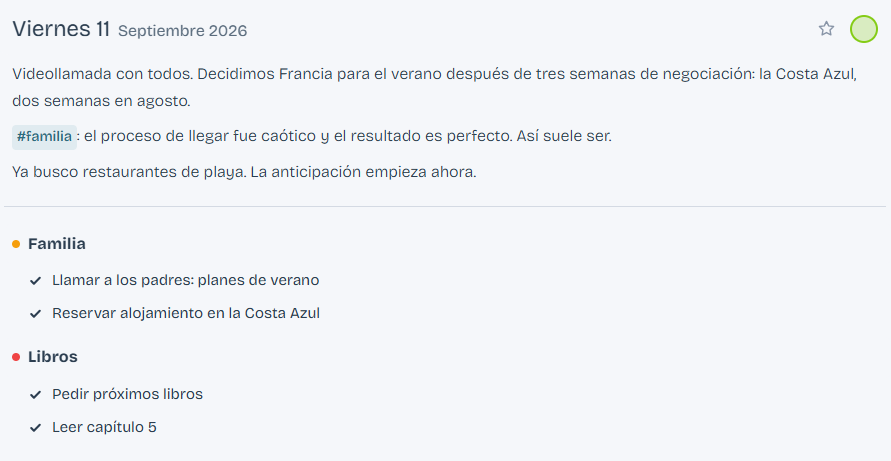 Entrada diaria realista con tareas del día visibles