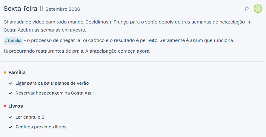 Entrada diária realista com tarefas do dia visíveis