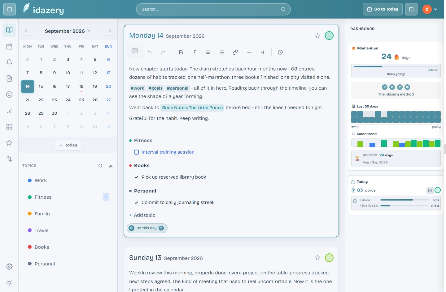 Screenshot: a day's entry, today's tasks and a linked Note