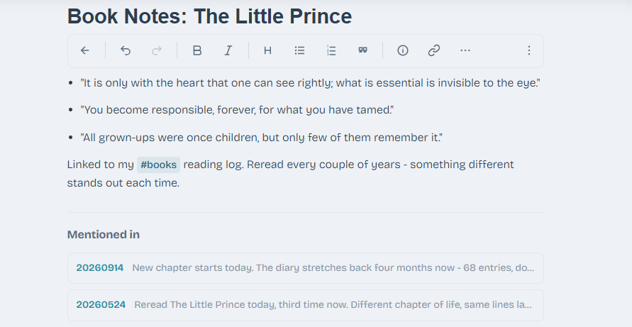 A book note, linked to a day's entry