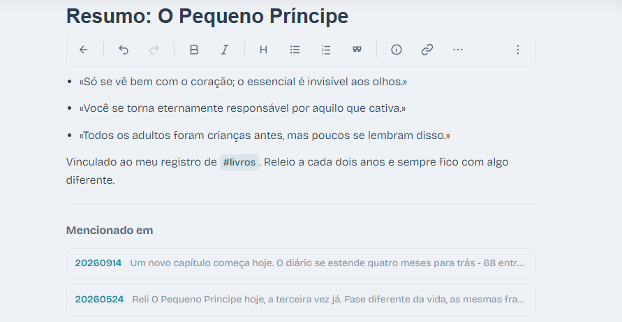 Nota de livro ou referência vinculada a uma entrada do dia