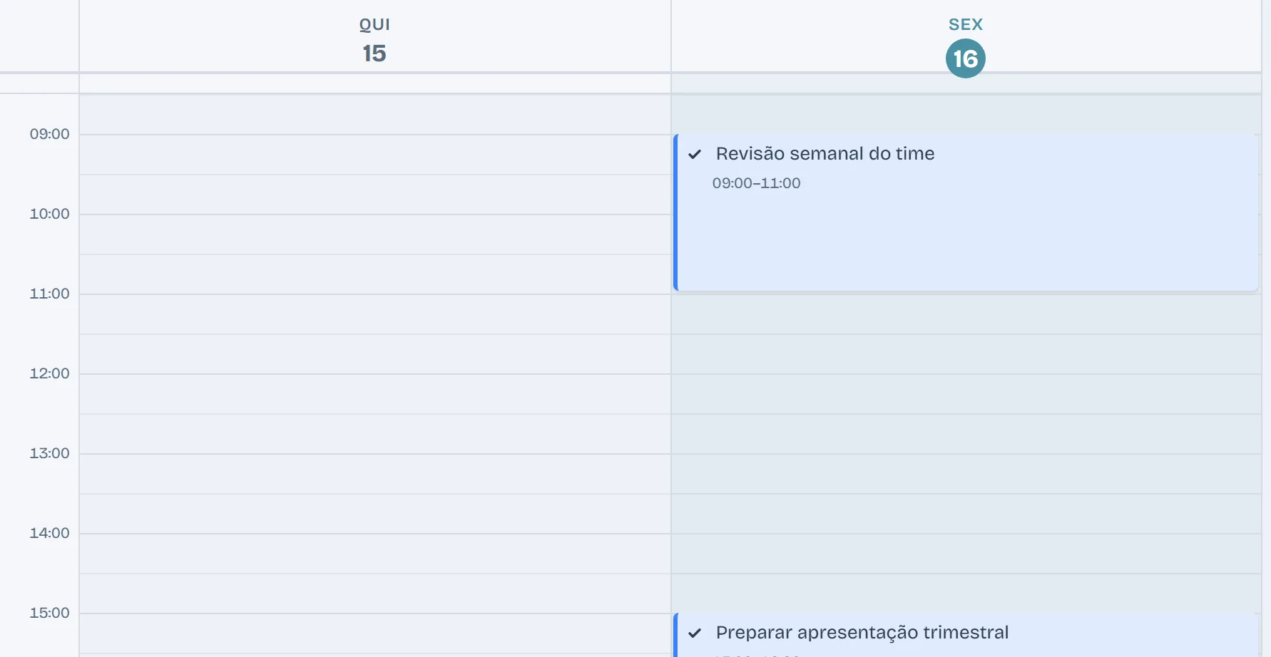 Agenda por horas, com as tarefas da semana