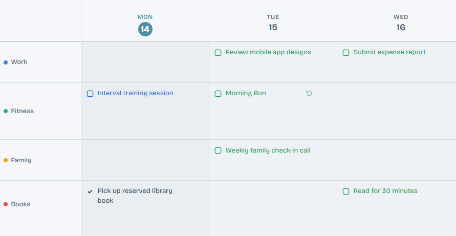 Week or month view, with dates and tasks