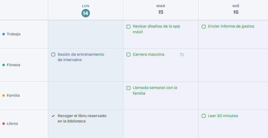 Vista semanal o mensual con orden, fechas y tareas
