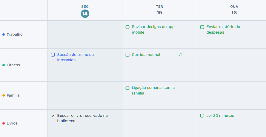 Vista semanal ou mensal com ordem, datas e tarefas